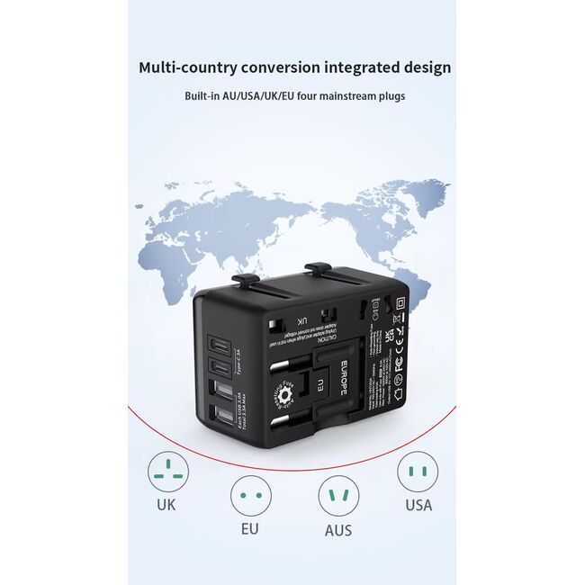 Adaptor incarcator universal priza de calatorie All in one WorldWide PD20W cu porturi de incarcare 2 x USB, 2 x Type-C EU, UK, AUS, US, negru