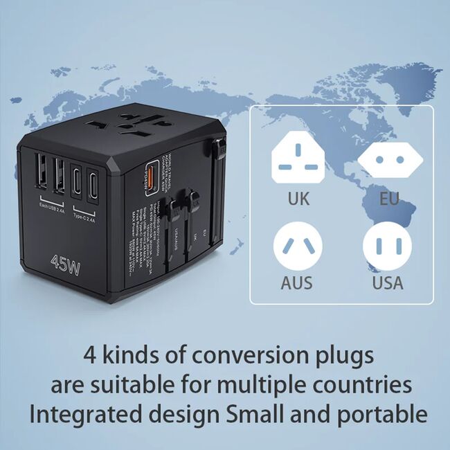 Adaptor priza universal PD45W, 2 x USB, 3 x Type-C, EU, UK, AUS, US, HHT905