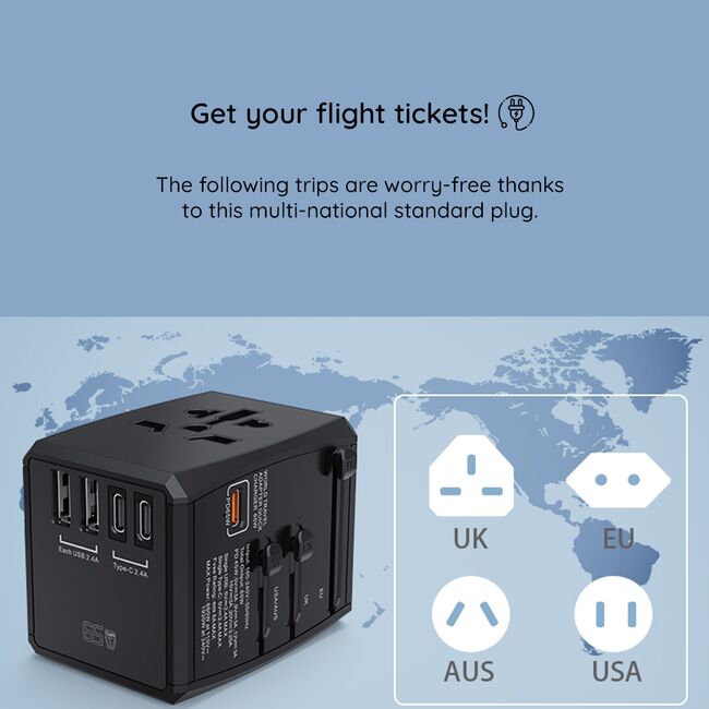 Adaptor priza universal PD65W, 2 x USB, 3 x Type-C, EU, UK, AUS, US, HHT906
