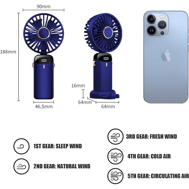 Ventilator portabil 4 in 1 de birou / mana / gat, 5 trepte de viteza, unghiuri reglabile pana la 90 grade, ecran LED, acumulator reincarcabil port USB-C, cu suport pentru telefon, verde