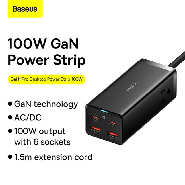 Incarcator US/Cablu de alimentare GaN3 Pro, 2 x AC, 2 x USB, 2 x Type-C, 100W Baseus PSZM000201