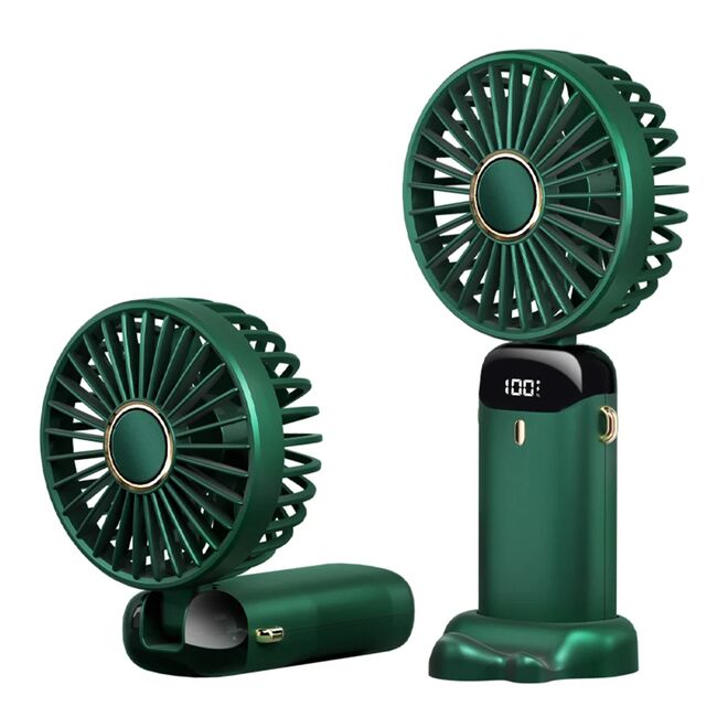 Ventilator portabil 4 in 1 de birou / mana / gat, 5 trepte de viteza, unghiuri reglabile pana la 90 grade, ecran LED, acumulator reincarcabil port USB-C, cu suport pentru telefon, verde