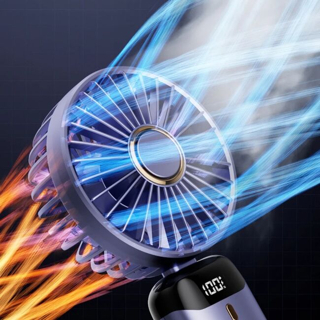 Ventilator portabil 4 in 1 de birou / mana / gat, 5 trepte de viteza, unghiuri reglabile pana la 90 grade, ecran LED, acumulator reincarcabil port USB-C, cu suport pentru telefon, verde