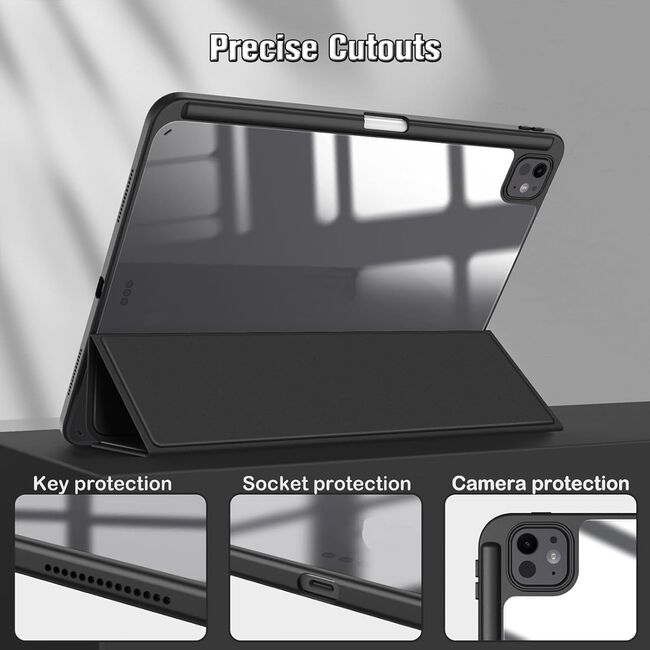 Husa pentru Apple iPad Pro 13" (2024) cu functie wake-up/sleep si compartiment pentru Apple Pen, tip stand, negru / transparent