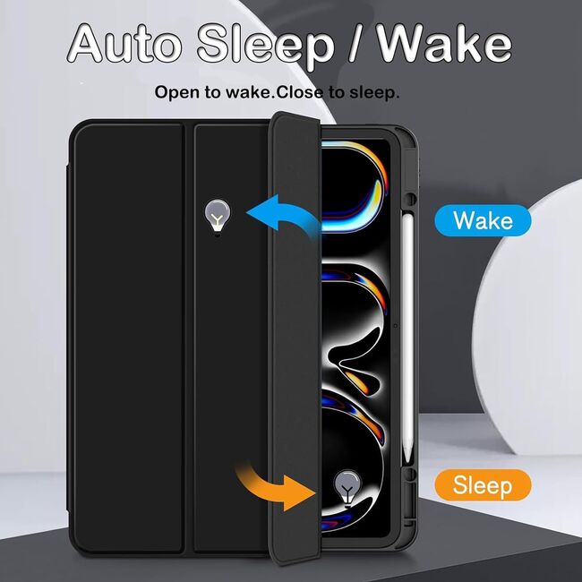 Husa pentru Apple iPad Pro 13" (2024) cu functie wake-up/sleep si compartiment pentru Apple Pen, tip stand, negru / transparent