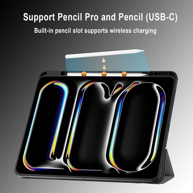 Husa pentru Apple iPad Pro 13" (2024) cu functie wake-up/sleep si compartiment pentru Apple Pen, tip stand, negru / transparent