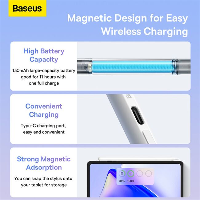 Stylus pen activ Baseus, palm rejection, alb, SXBC060202