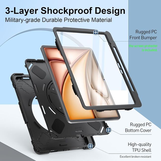 Pachet 360: Husa cu folie integrata pentru iPad Air 13 2025 / 2024 M3, M2 Shockproof Armor de tip stand, negru