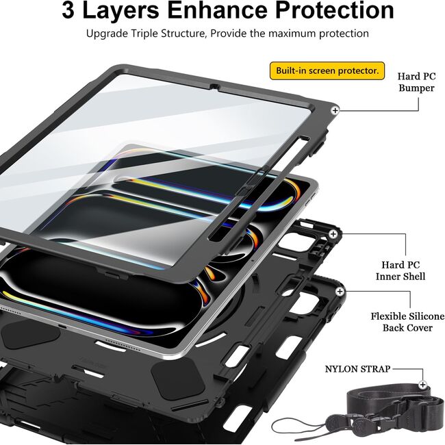Pachet 360: Husa cu folie integrata pentru iPad Pro 11 (2024) Shockproof Armor de tip stand, negru