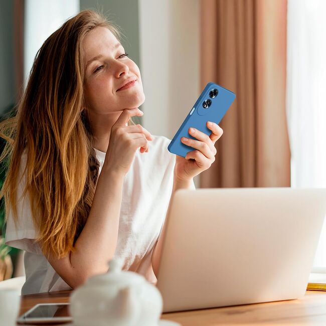 Husa pentru Oppo A60 Liquid Silicone, subțire, captusita cu microfibra, anti amprentă, protectie cameră foto, albastru