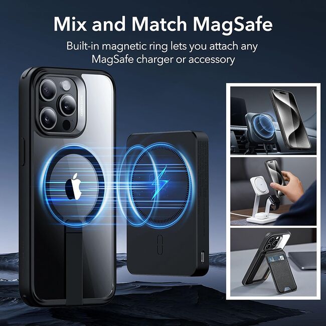 Husa iPhone 15 Pro Max ESR Boost Flickstand HaloLock, negru/transparenta