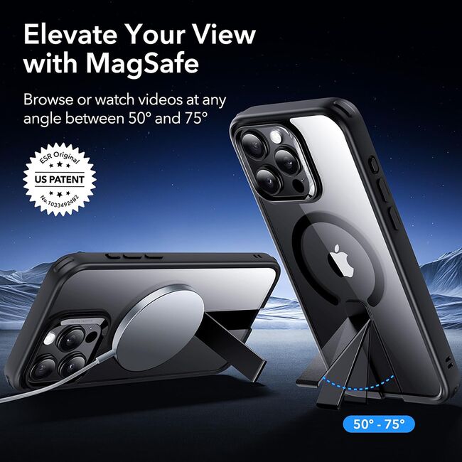 Husa iPhone 15 Pro Max ESR Boost Flickstand HaloLock, negru/transparenta