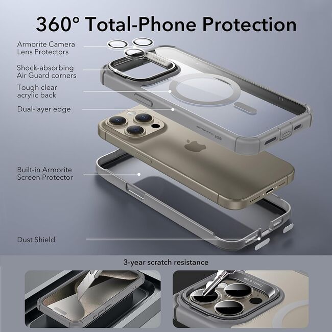 Husa iPhone 15 Pro Max ESR Shock Armor Kickstand HaloLock, gri