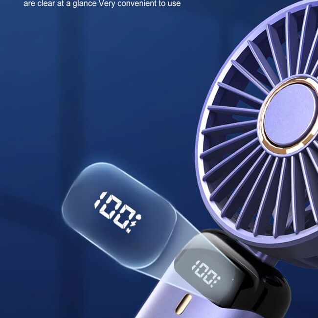 Ventilator portabil 4 in 1 de birou / mana / gat, 5 trepte de viteza, unghiuri reglabile pana la 90 grade, display, acumulator reincarcabil port USB-C, cu suport pentru telefon, mov inchis