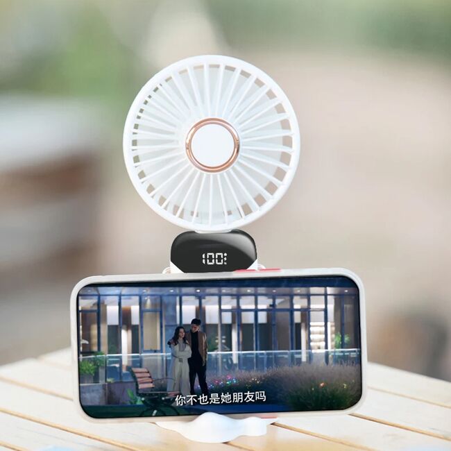 Ventilator portabil 4 in 1 de birou / mana / gat, 5 trepte de viteza, unghiuri reglabile pana la 90 grade, display, acumulator reincarcabil port USB-C, cu suport pentru telefon, mov inchis