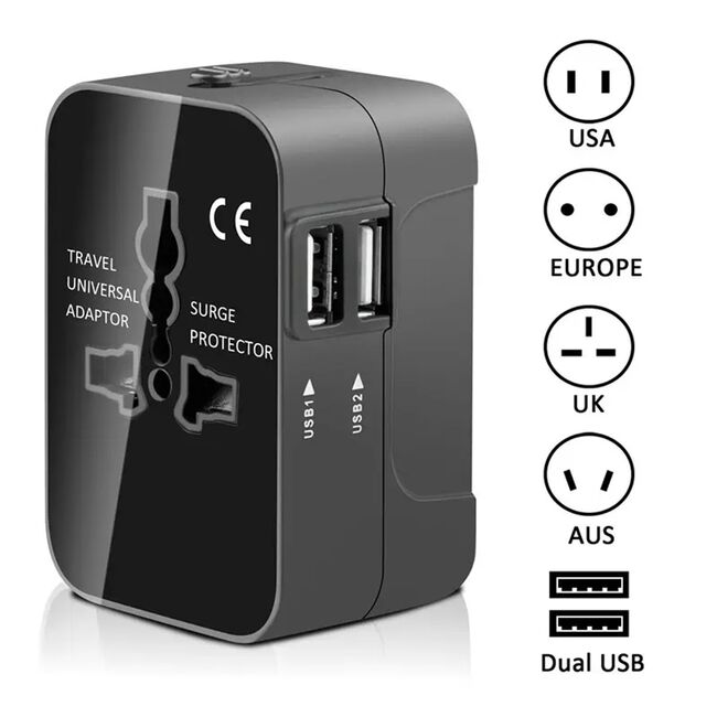 Adaptor priza EU la US, UK, AUS, 2 x USB, Techsuit, HHT202