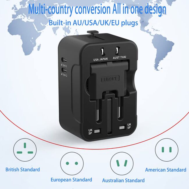 Adaptor priza EU la US, UK, AUS, 2 x USB-C, Techsuit, HHT202-2C