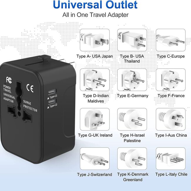 Adaptor priza EU la US, UK, AUS, 2 x USB-C, Techsuit, HHT202-2C