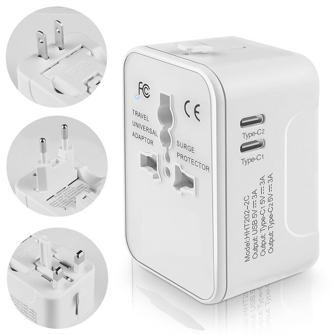 Adaptor priza EU la US, UK, AUS, 2 x USB-C, Techsuit, HHT202-2C