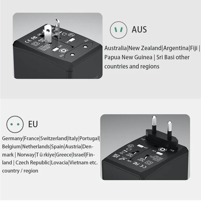 Adaptor priza EU la US, UK, AUS, 2xUSB-C, 2xUSB, Techsuit, HHt204A