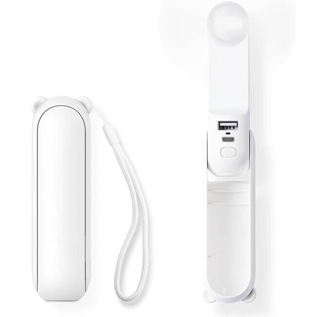 Ventilator portabil premium pliabil, 3 in 1, cu lanterna si acumulator extern 4500 mAh, max 40 ore de functionare, reincarcabil, USB-C, 3 viteze, alb