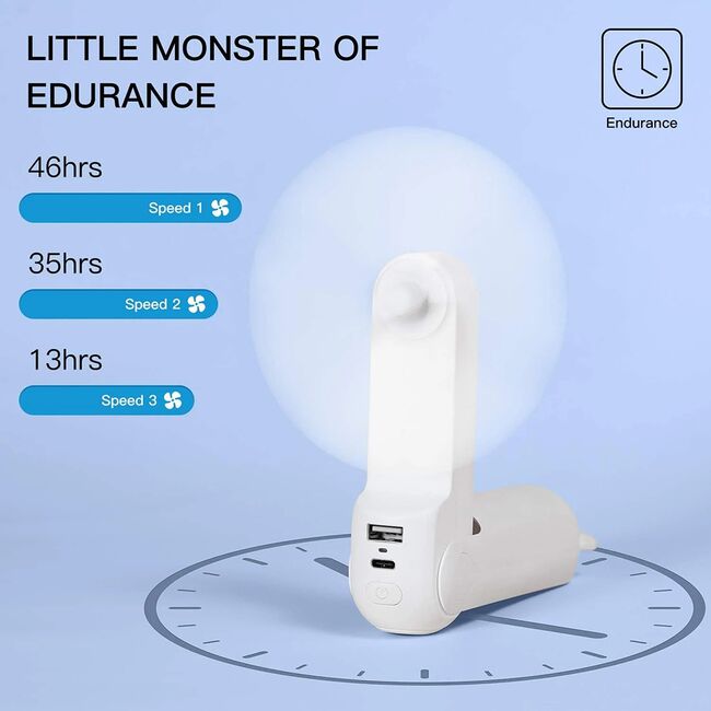 Ventilator portabil premium pliabil, 3 in 1, cu lanterna si acumulator extern 4500 mAh, max 40 ore de functionare, reincarcabil, USB-C, 3 viteze, maro