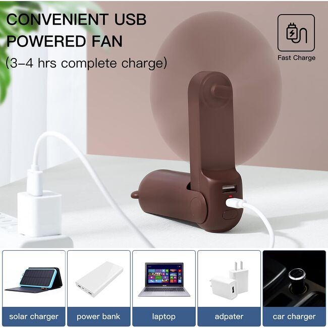 Ventilator portabil premium pliabil, 3 in 1, cu lanterna si acumulator extern 4500 mAh, max 40 ore de functionare, reincarcabil, USB-C, 3 viteze, maro