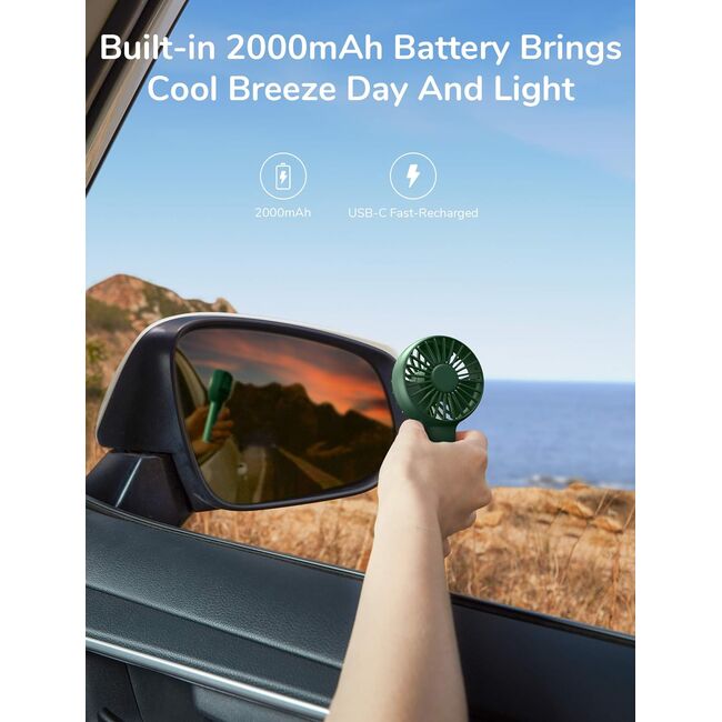 Mini ventilator portabil cu baterie de 2000mAh, 3 viteze, reîncărcabil, USB-C pentru casă, exterior, verde