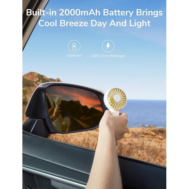 Mini ventilator portabil cu baterie de 2000mAh, 3 viteze, reîncărcabil, USB-C pentru casă, exterior, alb