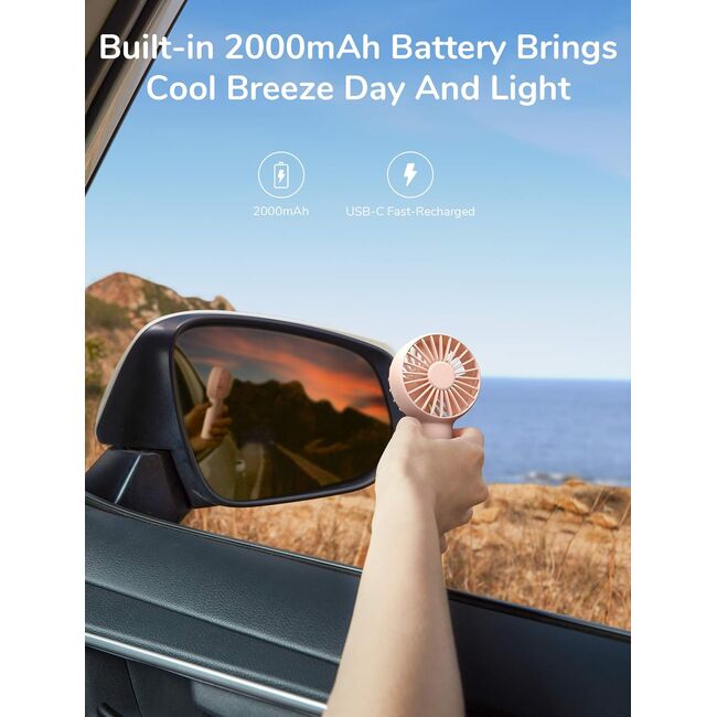 Mini ventilator portabil cu baterie de 2000mAh, 3 viteze, reîncărcabil, USB-C pentru casă, exterior, roz