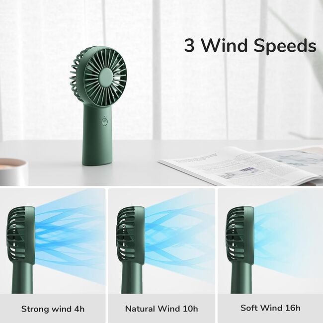 Ventilator portabil cu baterie de 4000mAh, timp de functionare 4-12 ore, 3 viteze, reîncărcabil, USB-C pentru casă, exterior, verde