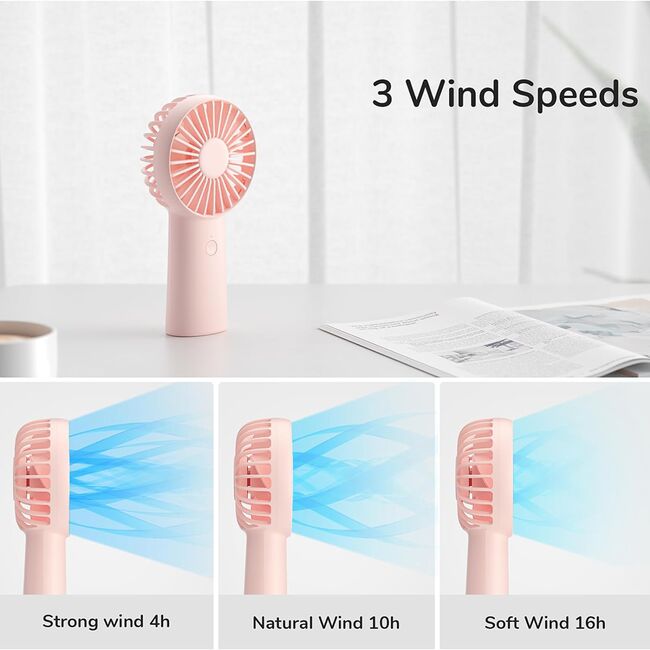 Ventilator portabil cu baterie de 4000mAh, timp de functionare 4-12 ore, 3 viteze, reîncărcabil, USB-C pentru casă, exterior, roz