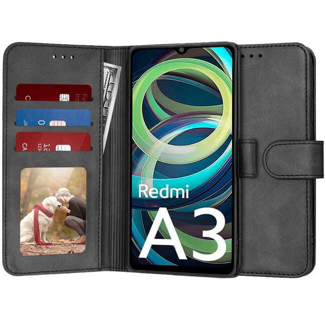 Husa pentru Xiaomi Redmi A3 tip carte 360 Kickstand cu sloturi pentru card, negru