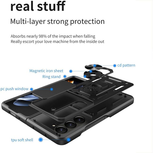 Husa pentru Samsung Galaxy Z Fold 6 cu inel Ring Armor Kickstand Tough, protectie camera, rose gold