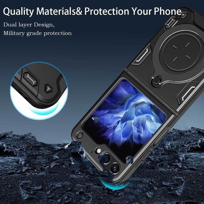 Husa pentru Samsung Galaxy Z Flip 6 Ring Holder Stand Shockproof, negru