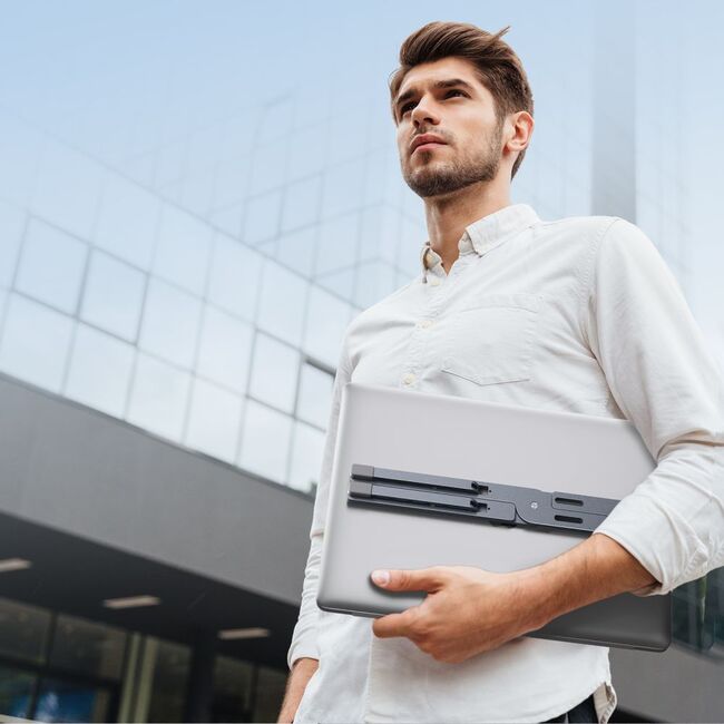 Stand Laptop Reglabil din Aluminiu ULS300 – Suport Rabatabil, Antialunecare, 5 Trepte de Înălțime, Compatibil până la 16” – Design Ergonomic și Portabil, gri inchis