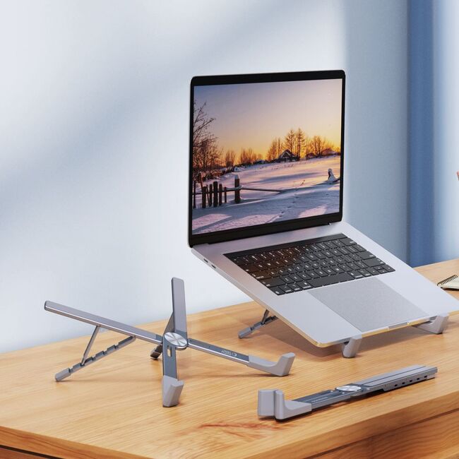 Stand Laptop Reglabil din Aluminiu ULS300 – Suport Rabatabil, Antialunecare, 5 Trepte de Înălțime, Compatibil până la 16” – Design Ergonomic și Portabil, gri inchis