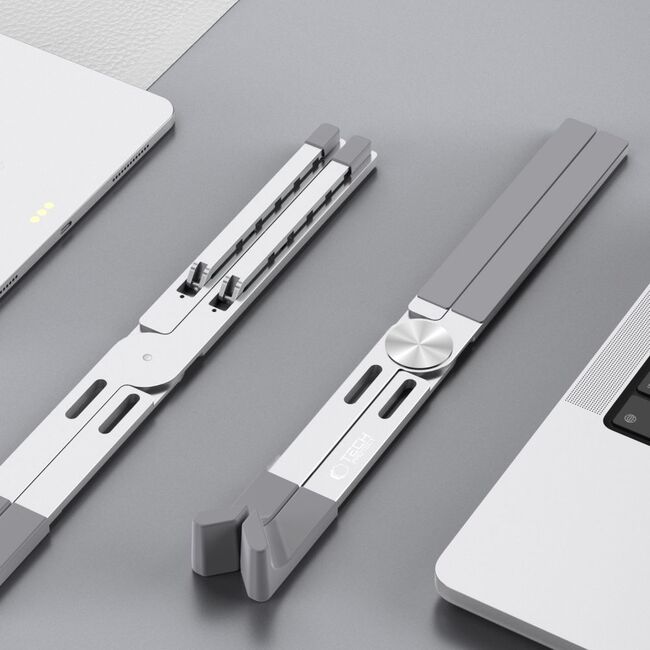 Stand Laptop Reglabil din Aluminiu ULS300 – Suport Rabatabil, Antialunecare, 5 Trepte de Înălțime, Compatibil până la 16” – Design Ergonomic și Portabil, argintiu