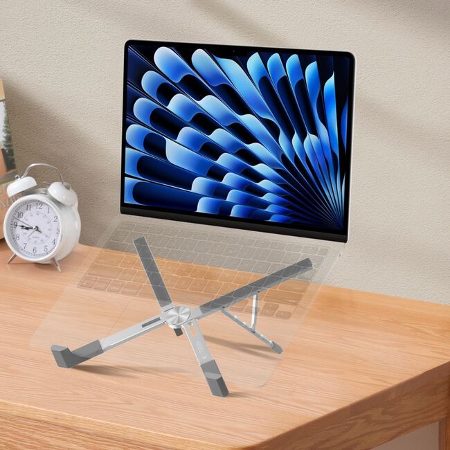 Stand Laptop Reglabil din Aluminiu ULS300 – Suport Rabatabil, Antialunecare, 5 Trepte de Înălțime, Compatibil până la 16” – Design Ergonomic și Portabil, argintiu
