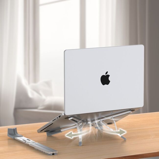 Stand Laptop Reglabil din Aluminiu ULS300 – Suport Rabatabil, Antialunecare, 5 Trepte de Înălțime, Compatibil până la 16” – Design Ergonomic și Portabil, argintiu