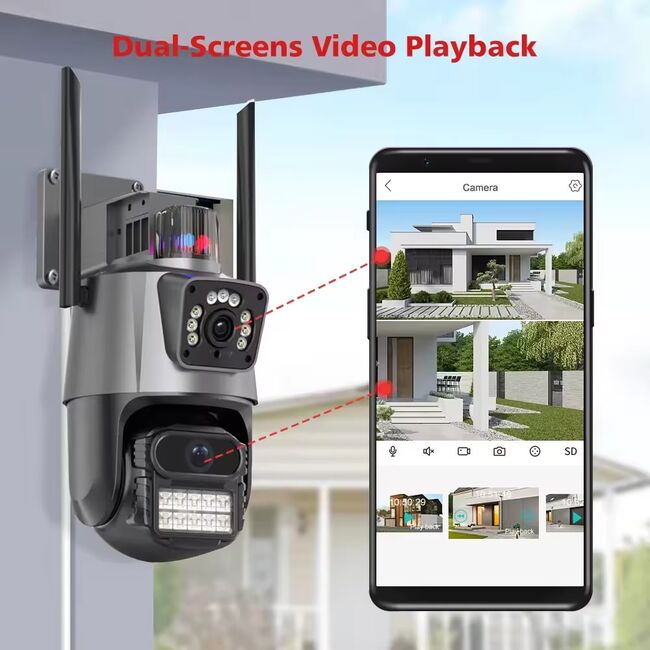 Camera de supraveghere dubla IP Wi-Fi IP66 Waterproof, AI Tracking, Light Alarm, Color Night, 2-Way Talk, 24/7 Record, Rotativa Pan/Tilt, 6MP, Zoom 4X, Ultra-Wide, Picture in Picture, rezolutie 4K, Conectare Telefone Wireless, 2 Antene,exterior/ interior