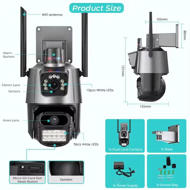 Camera de supraveghere dubla IP Wi-Fi IP66 Waterproof, AI Tracking, Light Alarm, Color Night, 2-Way Talk, 24/7 Record, Rotativa Pan/Tilt, 6MP, Zoom 4X, Ultra-Wide, Picture in Picture, rezolutie 4K, Conectare Telefone Wireless, 2 Antene,exterior/ interior