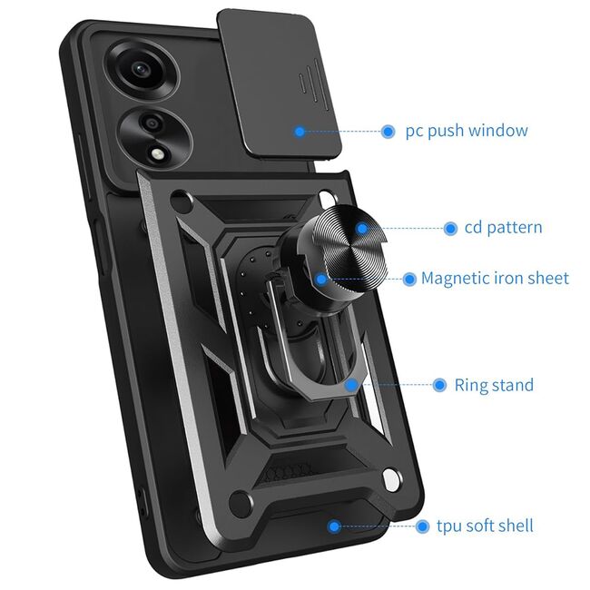 Husa pentru Oppo A60 Ring Armor Kickstand Tough Rugged Cover cu protectie camera, negru