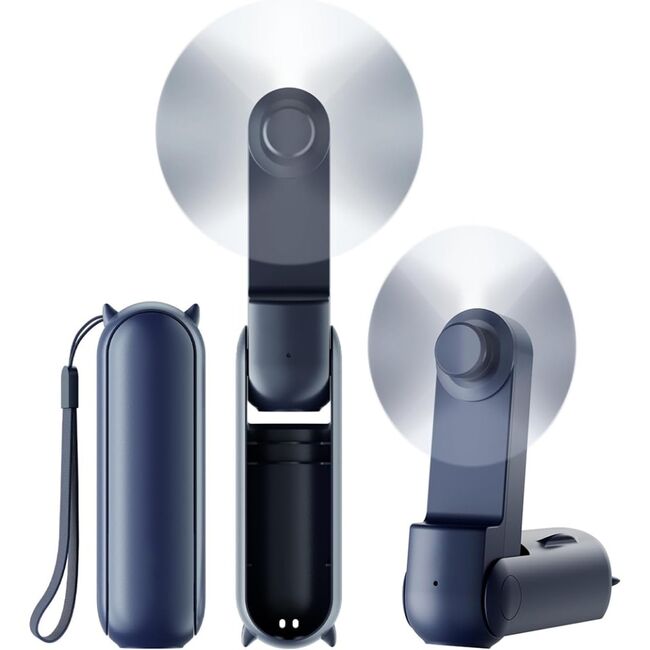Ventilator 2 in 1 portabil, de mana sau de birou, pliabil, functie de acumulator extern, reincarcabil 2000 mAh, 3 viteze, albastru