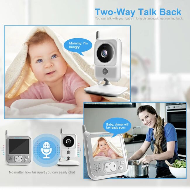 Baby Monitor Wireless, audio si video pentru bebelusi, Ecran 3.2 inch clear view, Functie VOX, bidirectional, push to talk, IR Night Vision, Senzor Temperatura, 8 cantece de leagan