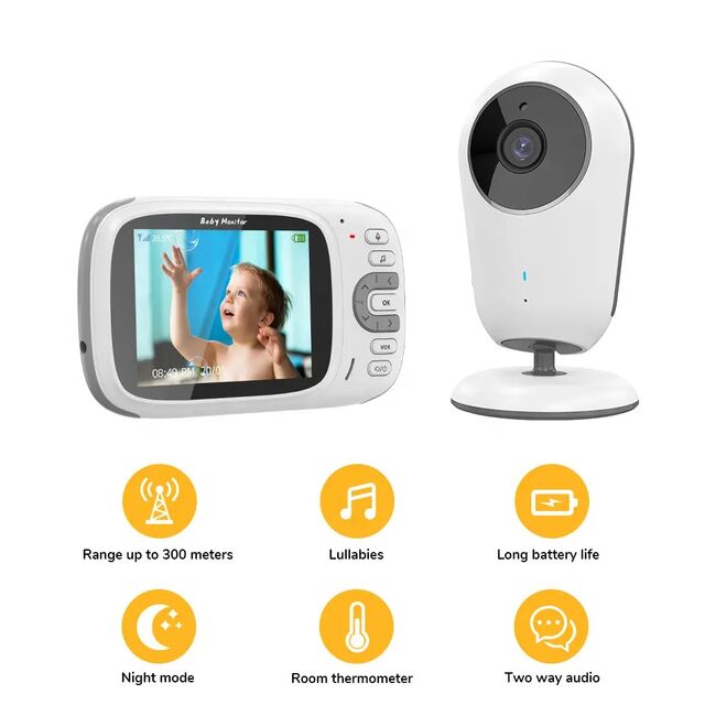 Sistem Monitorizare Video si Audio pentru bebelusi, private connection wireless, comunicare bidirectionala pentru a vorbi cu copilul, ecran 3.2 inch, vedere in intuneric, monitorizare temperatura ambient