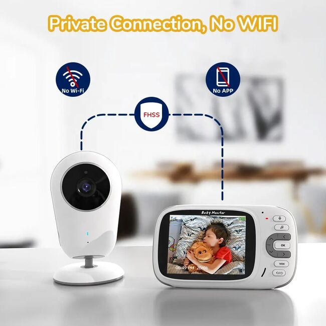 Sistem Monitorizare Video si Audio pentru bebelusi, private connection wireless, comunicare bidirectionala pentru a vorbi cu copilul, ecran 3.2 inch, vedere in intuneric, monitorizare temperatura ambient