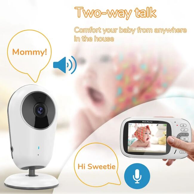 Sistem Monitorizare Video si Audio pentru bebelusi, private connection wireless, comunicare bidirectionala pentru a vorbi cu copilul, ecran 3.2 inch, vedere in intuneric, monitorizare temperatura ambient