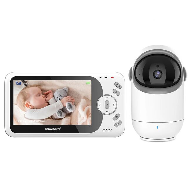 Baby Monitor Wireless, monitorizare bebelusi, ecran 4.3 inch, senzor de temperatura, audio bidirectional, push to talk, cantece de leagan, functie Pan-Tilt, Night Vision, cu acumulator reincarcabil, alb