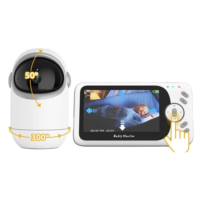 Baby Monitor Wireless, monitorizare bebelusi, ecran 4.3 inch, senzor de temperatura, audio bidirectional, push to talk, cantece de leagan, functie Pan-Tilt, Night Vision, cu acumulator reincarcabil, alb
